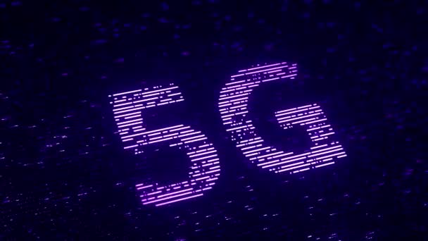 Texte violet 5G composé de particules luminescentes volantes. Animation 3D en boucle liée à la technologie mobile — Video