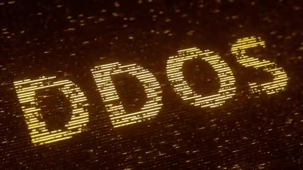 Помаранчевий текст DDOS, зроблений з літаючих люмінесцентних частинок. Інформаційні технології, пов'язані з циклічною 3D анімацією — стокове відео