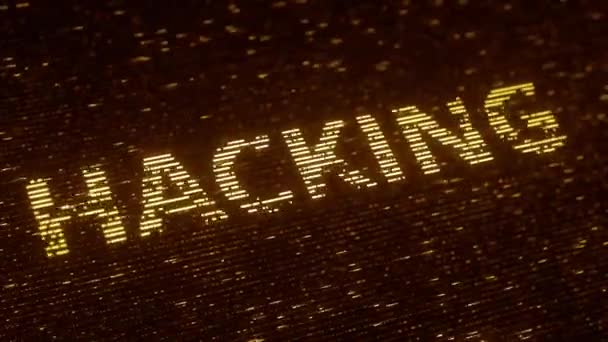 Хакерское слово, сделанное из летающих люминесцентных частиц. Связанная с информационными технологиями петля 3D анимации — стоковое видео