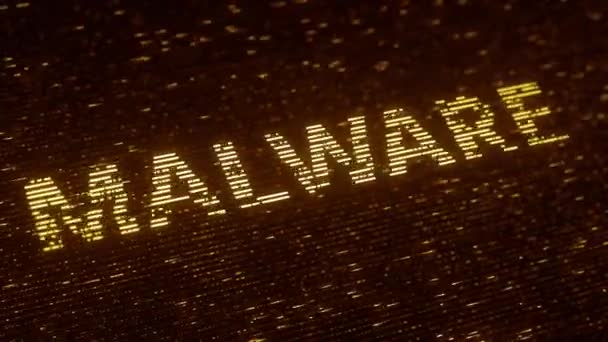Помаранчеве слово MALWARE, зроблене з літаючих люмінесцентних частинок. Інформаційні технології, пов'язані з циклічною 3D анімацією — стокове відео