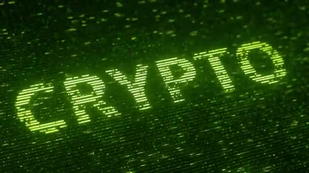 Green Crypto słowo z pływających cząsteczek luminescencyjne. Technologii informacyjnych związanych z zapętlić animacji 3d — Wideo stockowe