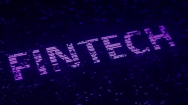 Purple FINTECH parola fatta con particelle luminescenti volanti. Animazione 3D Loopable — Video Stock