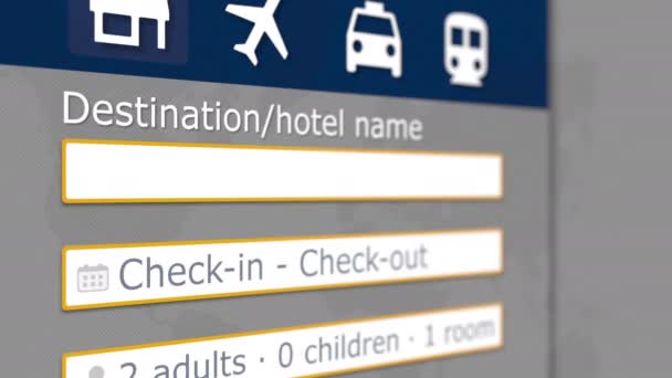 Online hotel search in Сантьяго on some booking site. Концептуальная 3D анимация — стоковое видео