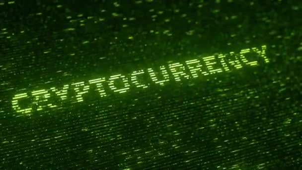 VERDE CRYPTOCURRENCIA palavra feita com partículas luminescentes voadoras. Animação 3D loopable relacionada à tecnologia da informação — Vídeo de Stock