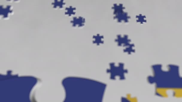 Flag of the European Union EU being made with jigsaw puzzle pieces. Problem solution conceptual 3D animation — Stock Video
