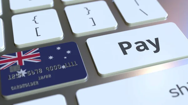 Avustralya bayrağı, bilgisayar klavyesindeki anahtar olarak banka kartı. Avustralya online ödeme kavramsal 3d render — Stok fotoğraf