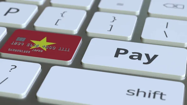 Cartão bancário com bandeira do Vietnã como uma chave em um teclado de computador. Vietnamita pagamento online conceitual renderização 3D — Fotografia de Stock