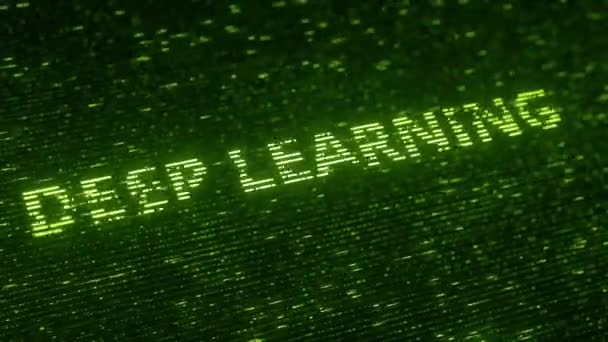 Green DEEP LEARNING parole fatte con particelle luminescenti volanti. Animazione 3D loopable relativa alle tecnologie dell'informazione — Video Stock