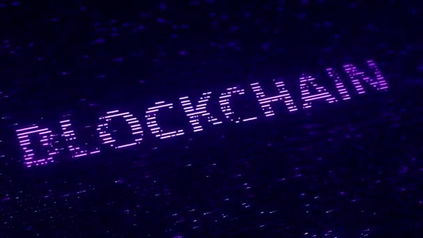 Purple BLOCKCHAIN palavra feita com partículas luminescentes voadoras. Loopable animação 3D — Vídeo de Stock