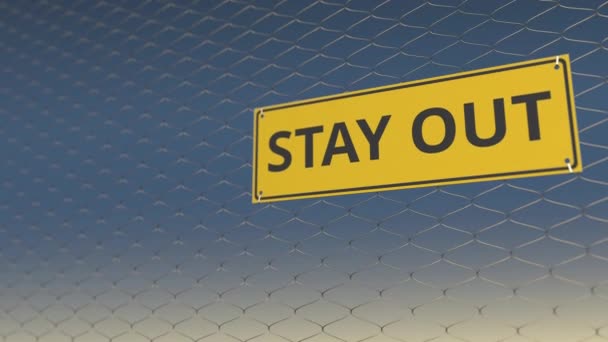 STAY OUT sign an a wire fence against sky, 3D animation — Stock Video