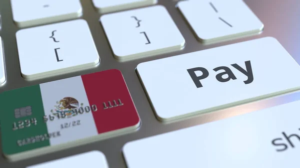 Cartão bancário com bandeira do México como uma chave em um teclado de computador. México pagamento online conceitual 3D renderização — Fotografia de Stock