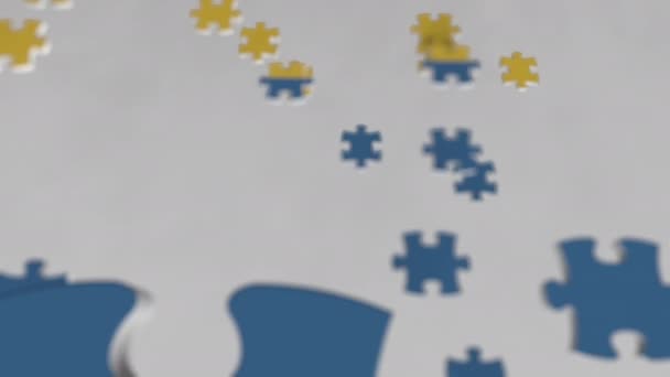 Jigsaw puzzle parçaları ile yapılmış olan İsveç bayrağı. İsveçli sorun çözüm kavramsal 3d animasyon — Stok video