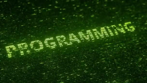 Grünes Programmierwort aus fliegenden Leuchtpartikeln. Informationstechnologie bezogene lückenhafte 3D-Animation — Stockvideo