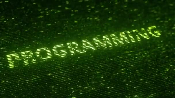 Зеленое слово PROGRAMMING, сделанное с помощью летающих люминесцентных ламп. Связанная с информационными технологиями петля 3D анимации — стоковое видео