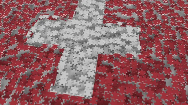 Flag of Switzerland being made with jigsaw puzzle pieces. Swiss problem solution conceptual 3D rendering — Stock Photo, Image