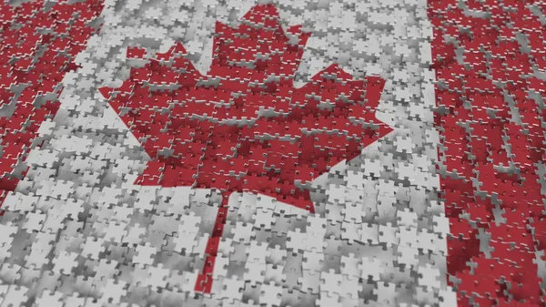 Jigsaw puzzle parçaları ile yapılmış olan Kanada bayrağı. Kanada sorun çözüm kavramsal 3d render — Stok fotoğraf