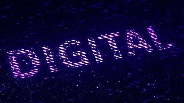 Purple DIGITAL cuvânt făcut cu particule luminescente zburătoare. Tehnologie modernă legate de redare 3D loopable — Fotografie, imagine de stoc