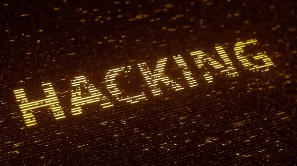 Hacken word gemaakt met vliegende verlichte deeltjes. Informatietechnologie gerelateerde loopbare 3D-rendering — Stockfoto