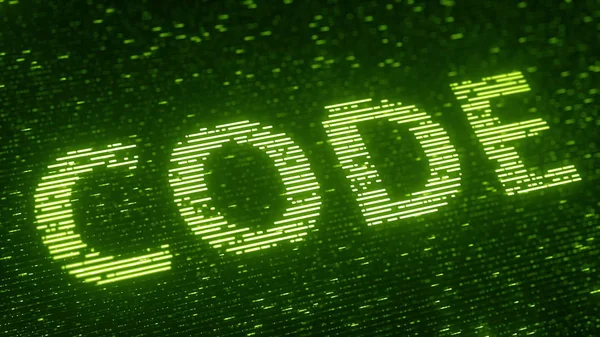 Green CODE word made with flying luminescent particles. Information technology related loopable 3D rendering — Stock Photo, Image
