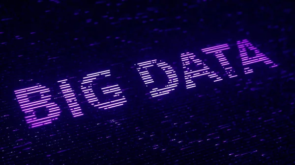 紫色大数据词由飞行发光粒子制成。可循环的3d 渲染 — 图库照片