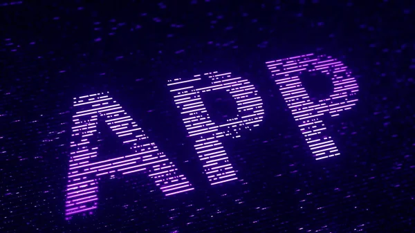 紫の App のワード発光粒子が飛んで行った。3 d レンダリング ループ可能 — ストック写真