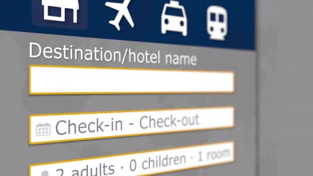 Online hotel search in Манчестер on some booking site. Путешествие в Великобританию концептуальная 3D анимация — стоковое видео