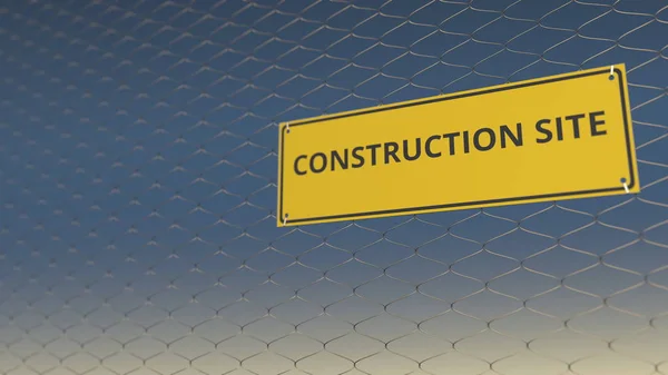 CONSTRUCTION SITE sign an a mesh wire fence against blue sky. 3D rendering — Stock Photo, Image