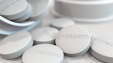 Close-up shot of pills with stamped ANTISPAM text on them. Conceptual 3D rendering clipart