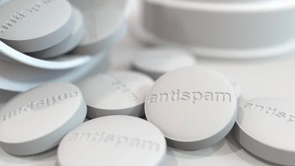 Close-up shot of pills with stamped ANTISPAM text on them. Conceptual 3D rendering — Stock Photo, Image