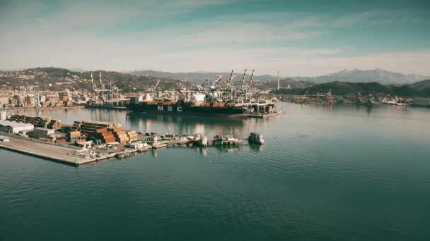 La Spezia, Italien - 3 januari 2019. Antenn skott av Msc Silvia behållare fartyget dockad i port — Stockvideo