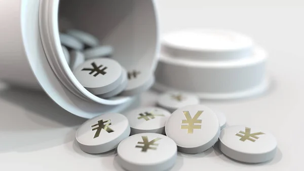 Close-up shot of pills with stamped yen symbol on them. Expensive drugs or financial remedy conceptual 3D rendering — Stock Photo, Image