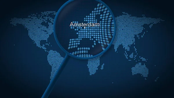 Loupe de verre recherche et trouve la ville d'Amsterdam sur la carte du monde en pointillés. rendu 3D — Photo