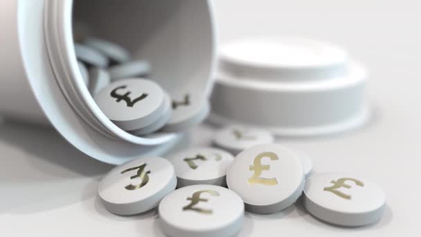 Close-up shot of pills with stamped pound sterling GBP symbol on them. Expensive drugs or financial remedy conceptual animation — Stock Video