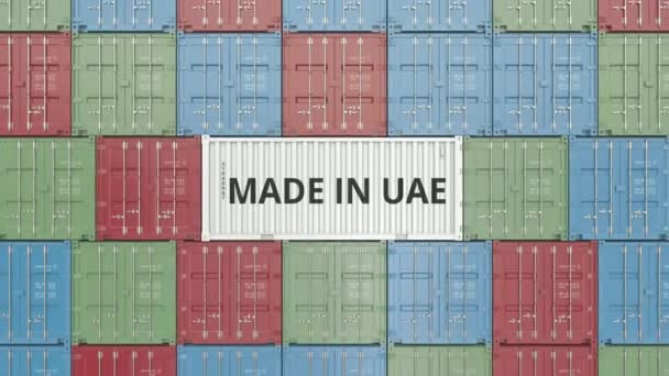 Kontejner s textem vyrobeno v SAE. Spojené arabské emiráty importovat nebo exportovat související 3d animace — Stock video
