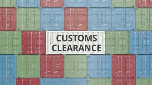 Container met douane-inklaring tekst. 3D animatie — Stockvideo
