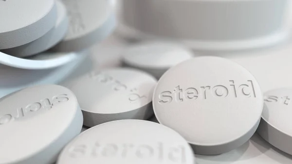 Close-up shot of pills with stamped STEROID text on them. 3D rendering — Stock Photo, Image