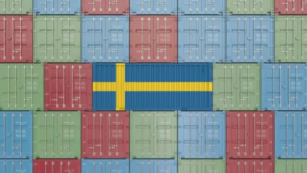 Contenedor de carga con bandera de Suecia. Animación 3D relacionada con la importación o exportación de Suecia — Vídeo de stock