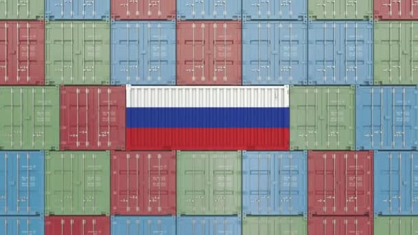 Container met vlag van Rusland. Russische import of export gerelateerde 3D-animatie — Stockvideo