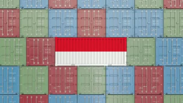 Recipiente de carga com bandeira da Indonésia. Animação 3D relacionada à importação ou exportação indonésia — Vídeo de Stock