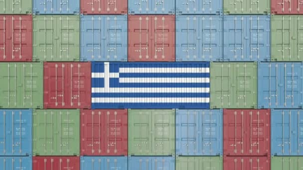 Container met vlag van Griekenland. Griekse import-of export gerelateerde 3D-animatie — Stockvideo
