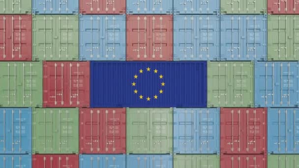 Last container med EU: s flagga. EU importera eller exportera relaterade 3D-animering — Stockvideo