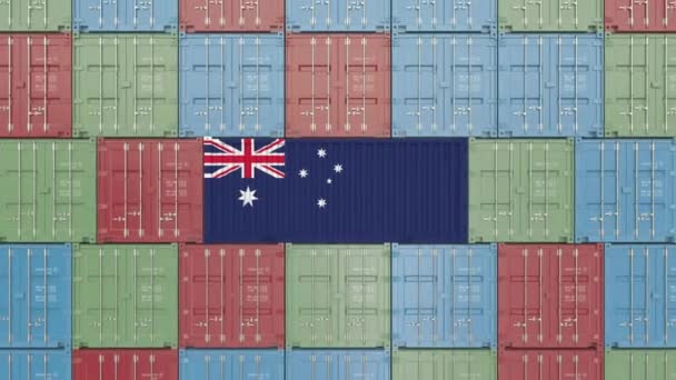 Contenedor de carga con bandera de Australia. Animación 3D relacionada con importación o exportación australiana — Vídeo de stock