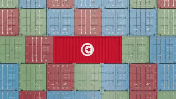 Container met vlag van Tunesië. Tunesische import of export gerelateerde 3D-animatie — Stockvideo