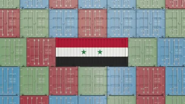 Contenedor de carga con bandera de Siria. Animación 3D relacionada con la importación o exportación de Siria — Vídeo de stock