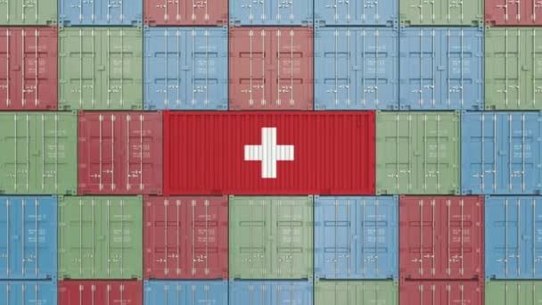 Container met vlag van Zwitserland. Zwitserse import of export gerelateerde 3D-animatie — Stockvideo