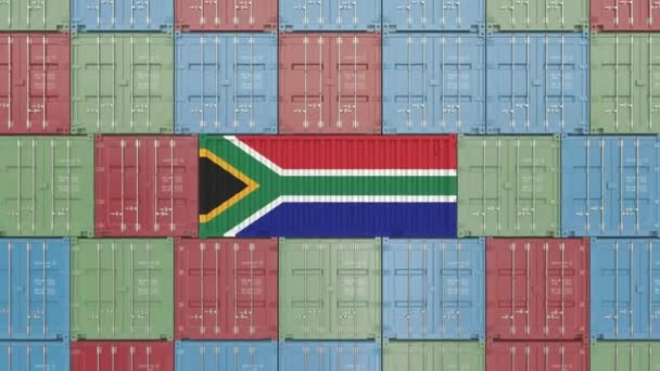 带有南非国旗的货物集装箱。Sar 进口或出口相关3d 动画 — 图库视频影像