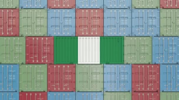 Recipiente de carga com bandeira da Nigéria. Animação 3D relacionada à importação ou exportação nigeriana — Vídeo de Stock