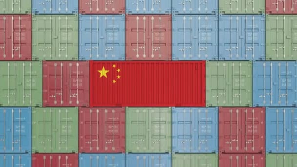 Recipiente de carga com bandeira da China. Animação 3D relacionada à importação ou exportação chinesa — Vídeo de Stock