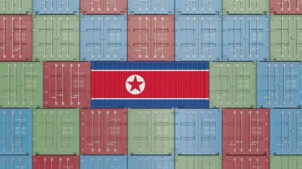 Κοντέινερ με σημαία της Βόρειας Κορέας. Εισαγωγή ή εξαγωγή σχετικά με την κορεατική κίνηση 3D — Αρχείο Βίντεο