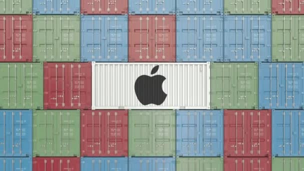 アップル社の企業ロゴを持つ貨物コンテナ。エディトリアル3d アニメーション — ストック動画